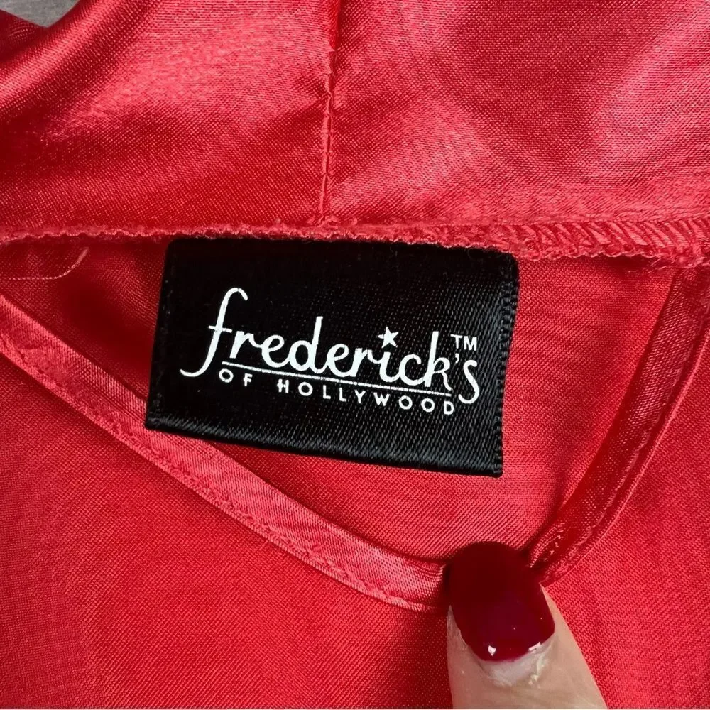 Fredricks of Hollywood Sexy Coral Satin Lace Trimmed Robe with Pockets & Belt